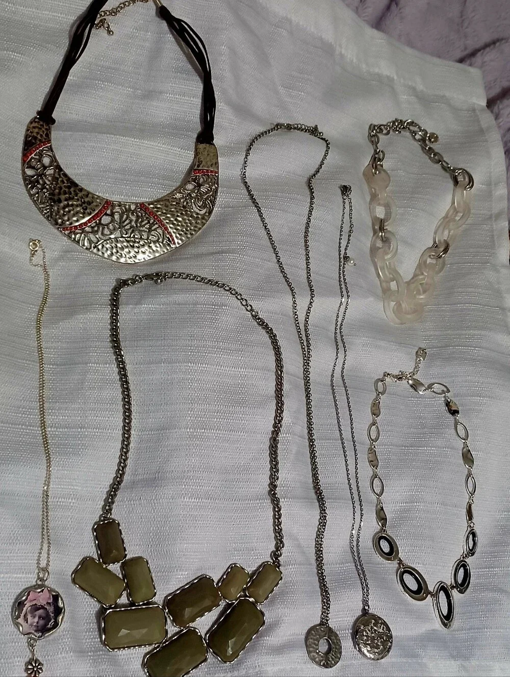 Business casual necklace jewelry lot bundle 2 long silver picture lockets signed